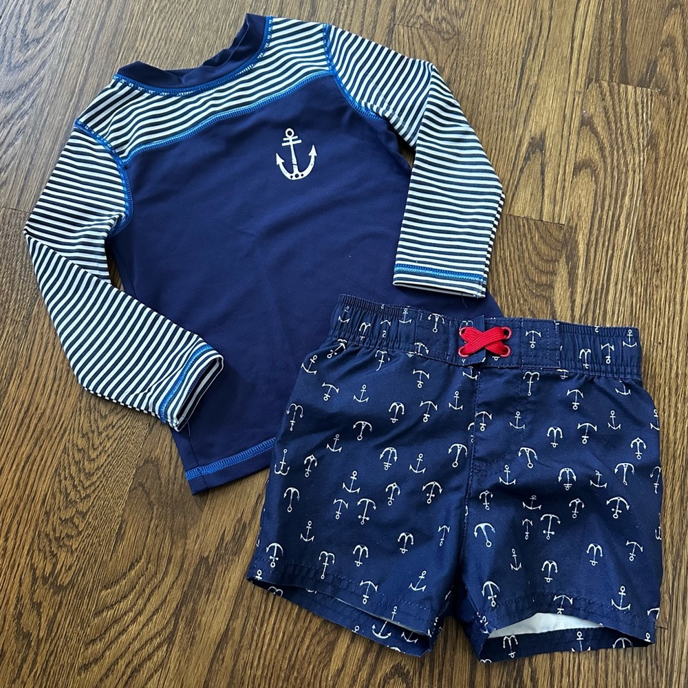 Cat & Jack Navy Blue Anchor Rashguard Swim Suit Set, size 18M